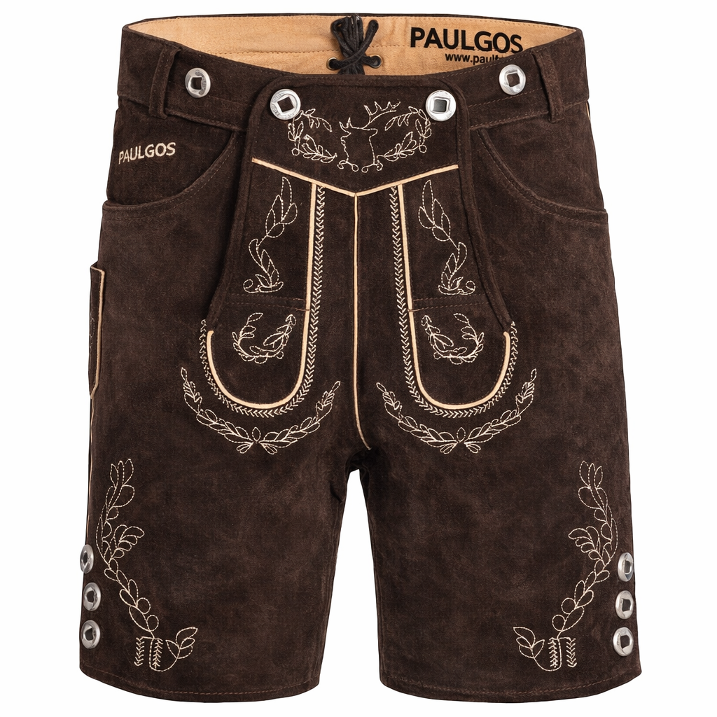 Paulgos Traditionele Leren Broek Met Bretellen - Echt Leer Kort Lichtbruin Maat 48